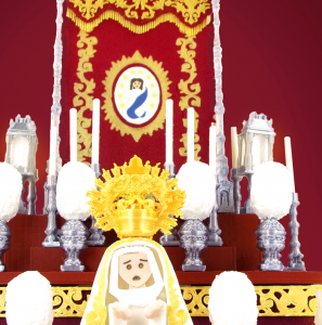 Primer plano de los detalles del altar de cultos en miniatura con paso de palio burdeos y Virgen Blanca.