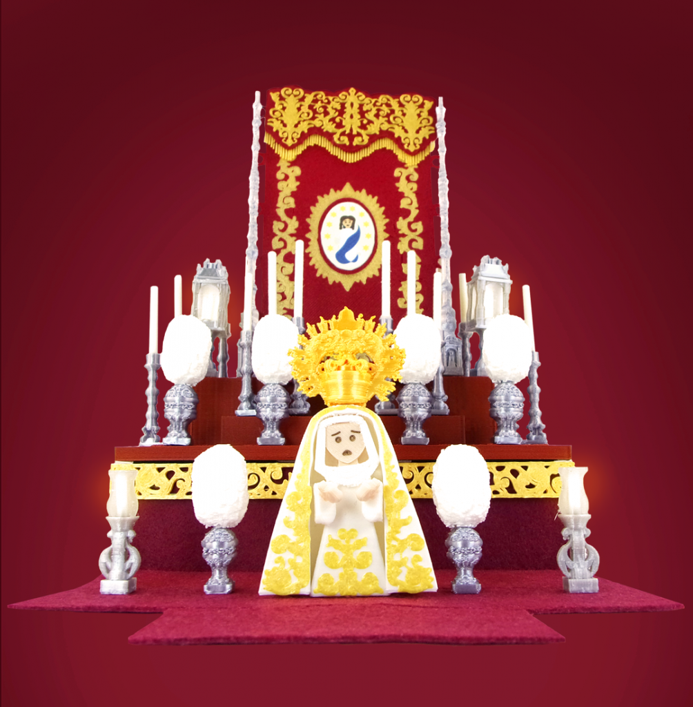 Altar de cultos en miniatura completo con paso de palio burdeos y Virgen Blanca.