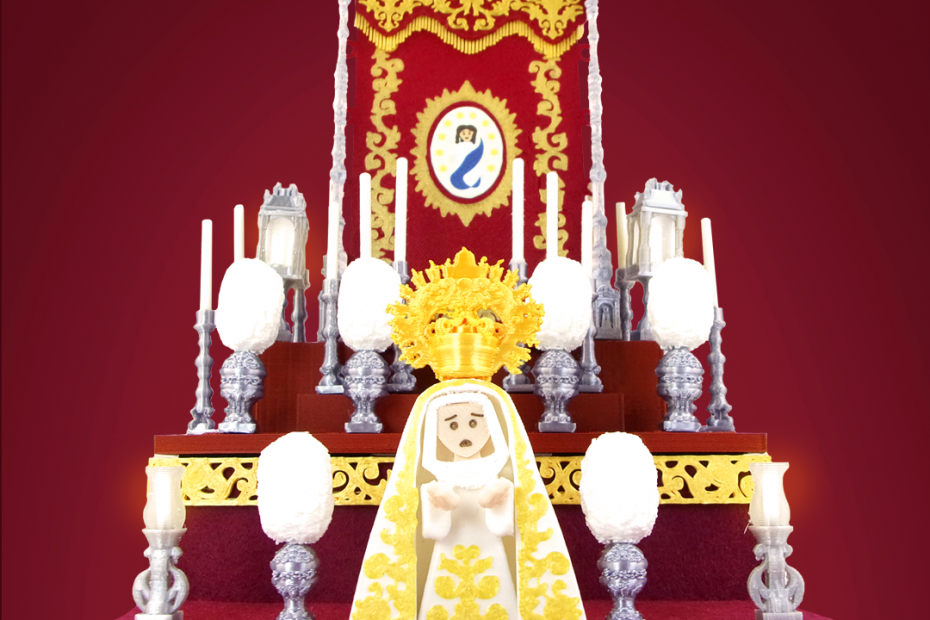 Altar de cultos en miniatura completo con paso de palio burdeos y Virgen Blanca.
