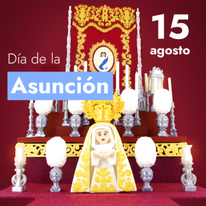 Altar de cultos en miniatura con paso de palio burdeos, varales, faroles y candelabros, centrado en la figura de la Virgen Blanca.
