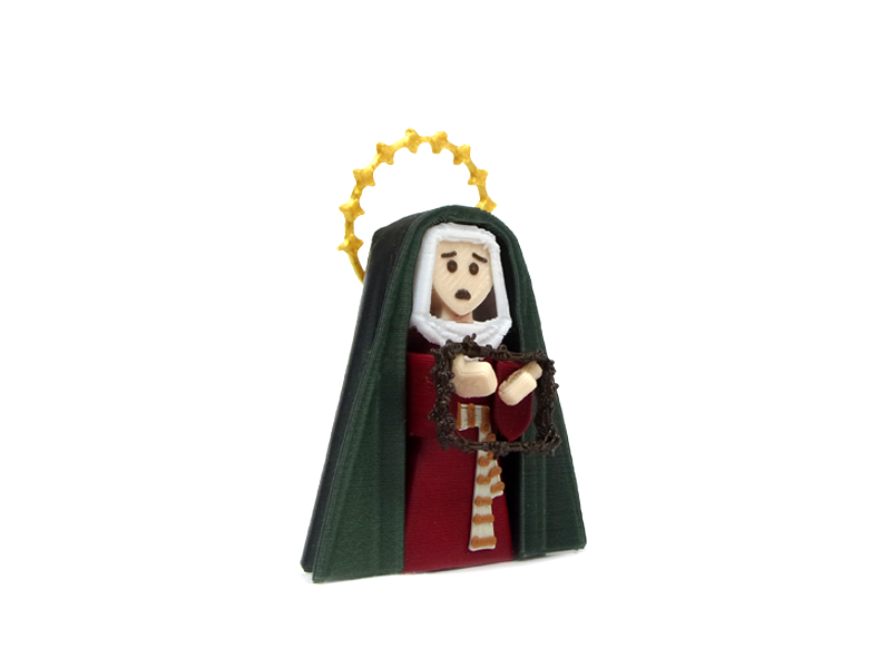 Vista lateral derecha de la Virgen de la Esperanza de Triana con corona de espinas en mano, en un Paso de Semana Santa en miniatura