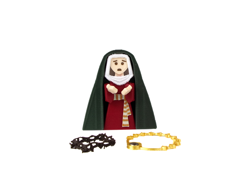 ista frontal mostrando accesorios de la Virgen de la Esperanza de Triana para Paso de Semana Santa en miniatura