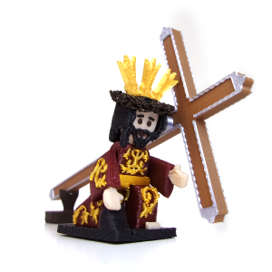 Cristo de las Tres Caídas de Triana en miniatura con túnica burdeos bordada en hojas de acanto vista frontal inclinada