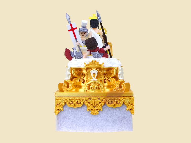 Vista trasera del Paso La Victoria del Señor en miniatura con faldones blancos
